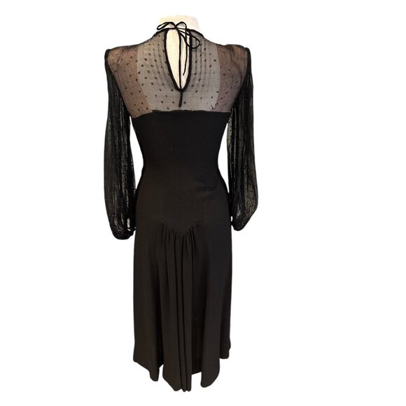 Vintage Black Midi Dress With Sheer Polka Dot Sleeves & Sweetheart Neckline - Picture 5 of 16